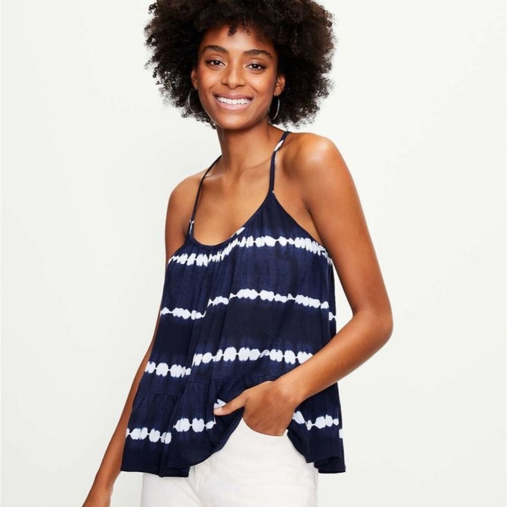 LOFT Tie Dye Striped Shirred Peplum Cami Forever Navy  Size Small NWT
